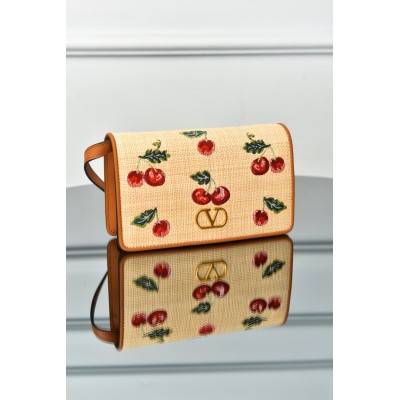 Valentino Garavani Vlogo Signature Mini Shoulder Bag In Jacquard Raffia With Cherryfic Pattern
