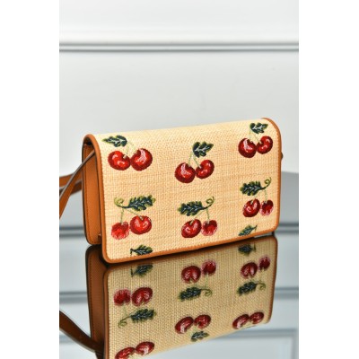 Valentino Garavani Vlogo Signature Mini Shoulder Bag In Jacquard Raffia With Cherryfic Pattern