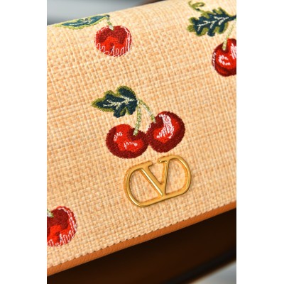 Valentino Garavani Vlogo Signature Mini Shoulder Bag In Jacquard Raffia With Cherryfic Pattern