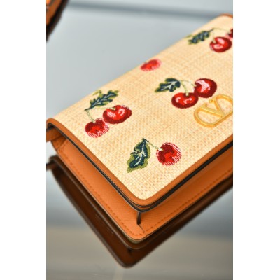 Valentino Garavani Vlogo Signature Mini Shoulder Bag In Jacquard Raffia With Cherryfic Pattern