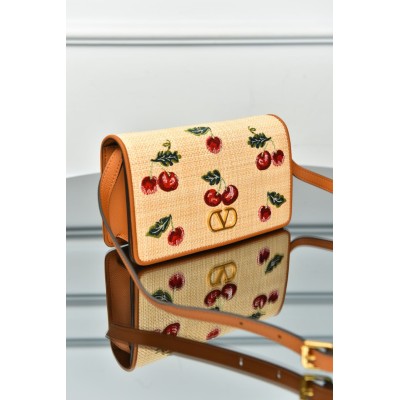 Valentino Garavani Vlogo Signature Mini Shoulder Bag In Jacquard Raffia With Cherryfic Pattern