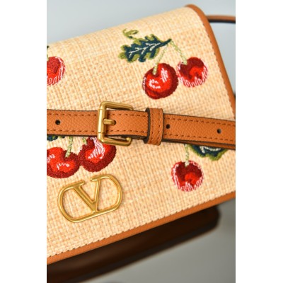 Valentino Garavani Vlogo Signature Mini Shoulder Bag In Jacquard Raffia With Cherryfic Pattern