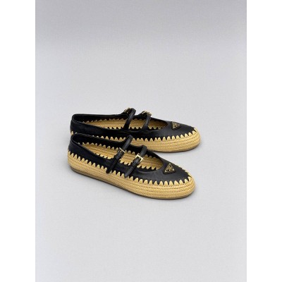 Prada Nappa Leather And Raffia Ballerinas