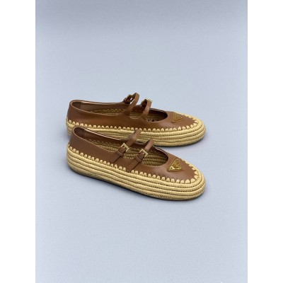 Prada Nappa Leather And Raffia Ballerinas