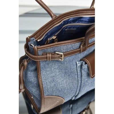 Prada Bonnie Large Denim and Leather Handbag
