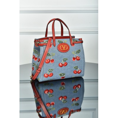 Valentino Garavani Antibes Small Shopping Bag in Denim with Cherryfic Embroidery