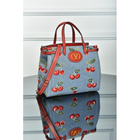 Valentino Garavani Antibes Small Shopping Bag in Denim with Cherryfic Embroidery