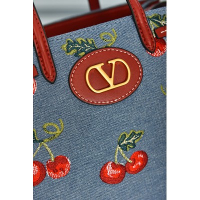 Valentino Garavani Antibes Small Shopping Bag in Denim with Cherryfic Embroidery