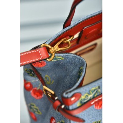 Valentino Garavani Antibes Small Shopping Bag in Denim with Cherryfic Embroidery