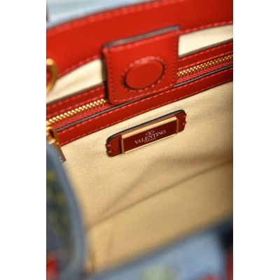 Valentino Garavani Antibes Small Shopping Bag in Denim with Cherryfic Embroidery