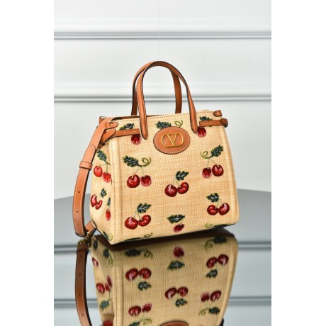 Valentino Garavani Antibes Small Shopping Bag in Jacquard Raffia with Cherryfic Pattern