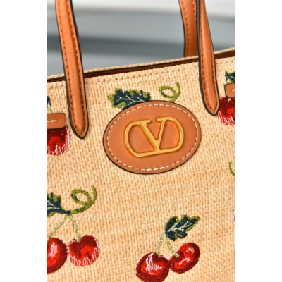 Valentino Garavani Antibes Small Shopping Bag in Jacquard Raffia with Cherryfic Pattern
