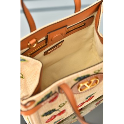 Valentino Garavani Antibes Small Shopping Bag in Jacquard Raffia with Cherryfic Pattern