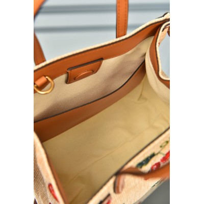 Valentino Garavani Antibes Small Shopping Bag in Jacquard Raffia with Cherryfic Pattern