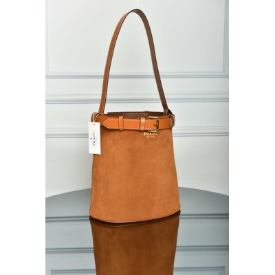 Prada Buckle Belted Suede Bucket Bag