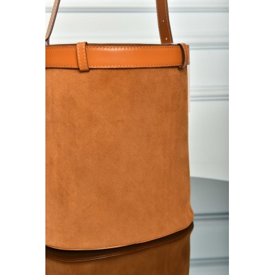 Prada Buckle Belted Suede Bucket Bag