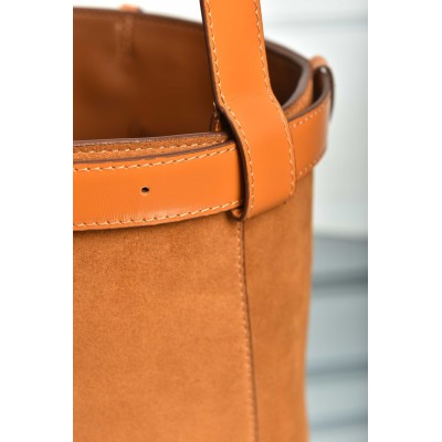 Prada Buckle Belted Suede Bucket Bag