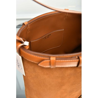 Prada Buckle Belted Suede Bucket Bag