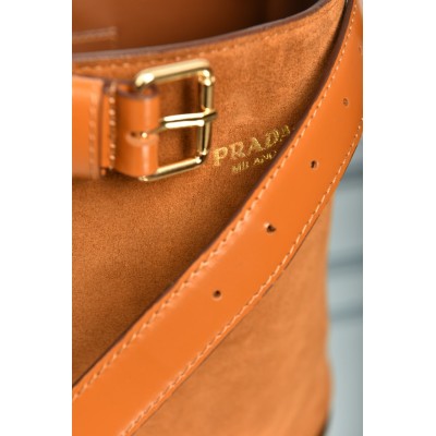 Prada Buckle Belted Suede Bucket Bag