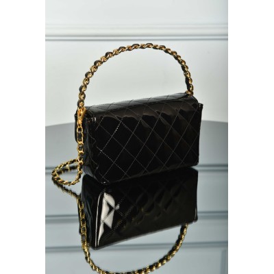 Chanel Patent Quilted Top Handle Clutch Bag